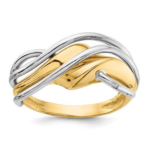 14k two-tone wave ring from Solomon Jewelers, showcasing a sleek design with mixed gold finishes and elegant wave pattern.
