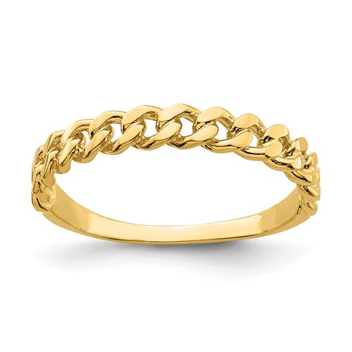 14k gold chain link band ring with intricate design, crafted by Solomon Jewelers, showcasing a stylish and elegant jewelry piece.