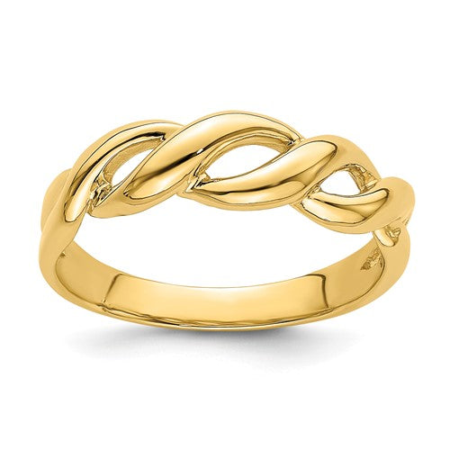 14k gold freeform knot ring by Solomon Jewelers, showcasing a unique intertwined design on a polished band.