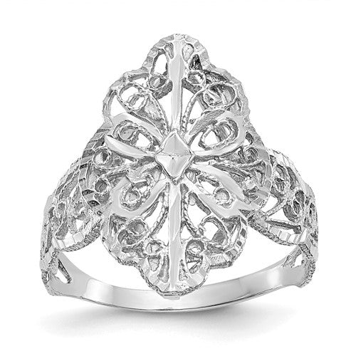 14K white gold diamond cut filigree ring with intricate design, showcasing fine craftsmanship and sparkling details.