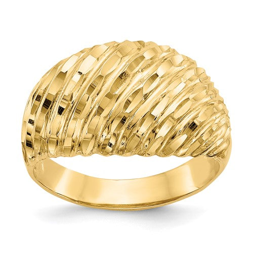 14K diamond-cut domed ring from Solomon Jewelers, showcasing a polished gold band with intricate diamond-cut detailing.