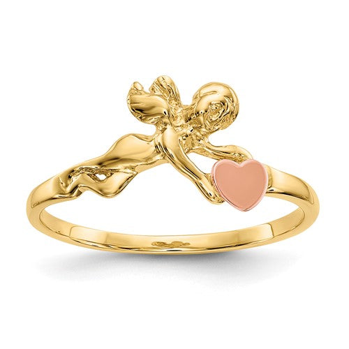 14K two-tone angel and satin heart ring from Solomon Jewelers, featuring intricate gold and silver design details.