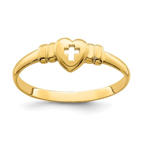 14k gold heart with cut-out cross ring from Solomon Jewelers, elegant jewelry ring featuring detailed design.