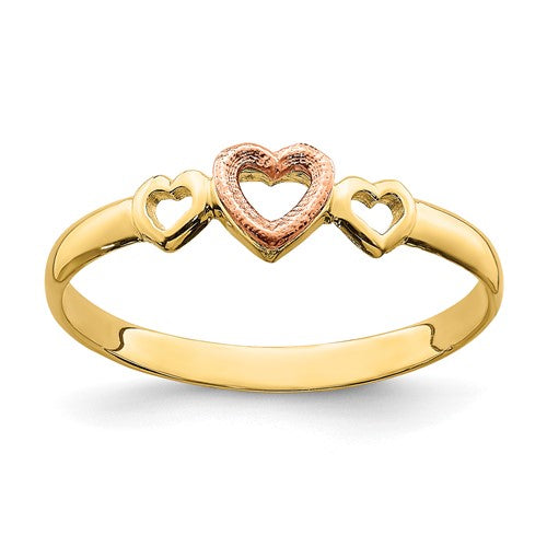 14k rose and yellow gold hearts ring showing intricate heart-shaped design on a jewelry ring from Solomon Jewelers.