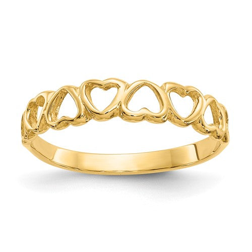14k polished gold hearts ring from Solomon Jewelers, featuring a delicate heart design and smooth finish.