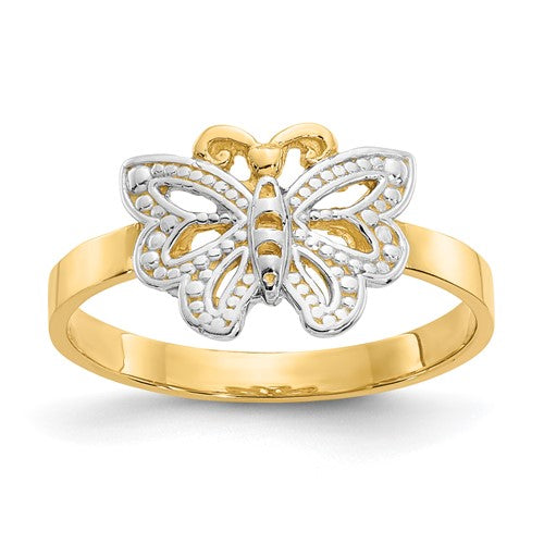 14k white gold rhodium-plated butterfly ring from Solomon Jewelers, featuring intricate butterfly design and sparkling gemstone accents.