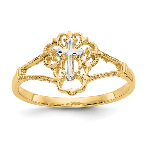 Two-tone 14K gold diamond cut cross ring with intricate design, crafted by Solomon Jewelers, shown on a white background.