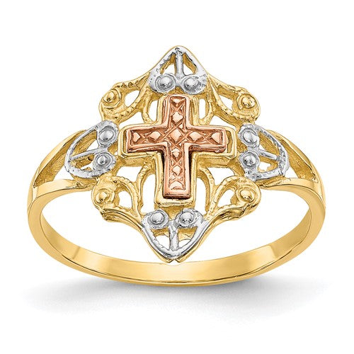 14K two-tone white rhodium cross ring featuring gold accents, designed by Solomon Jewelers, with intricate cross detail.