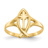 14k gold Ichthus with cross ring from Solomon Jewelers, featuring detailed fish and cross design in a polished jewelry ring.