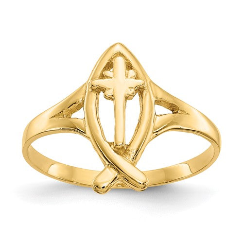 14k gold Ichthus with cross ring from Solomon Jewelers, featuring detailed fish and cross design in a polished jewelry ring.