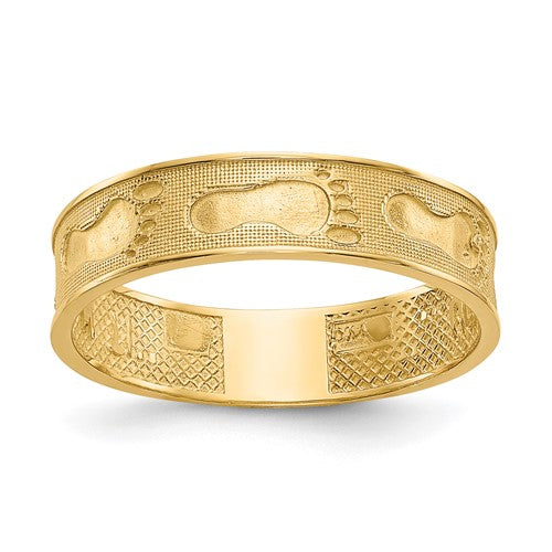14K gold footprints in the sand ring featuring a detailed design, crafted by Solomon Jewelers, perfect for jewelry lovers.