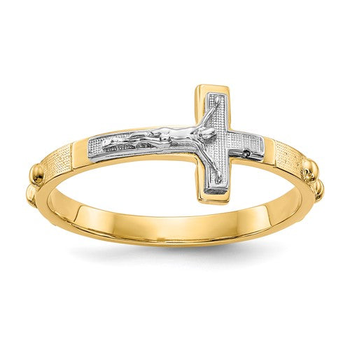 14K two-tone crucifix rosary ring by Solomon Jewelers with detailed religious design, crafted in gold and silver tones.