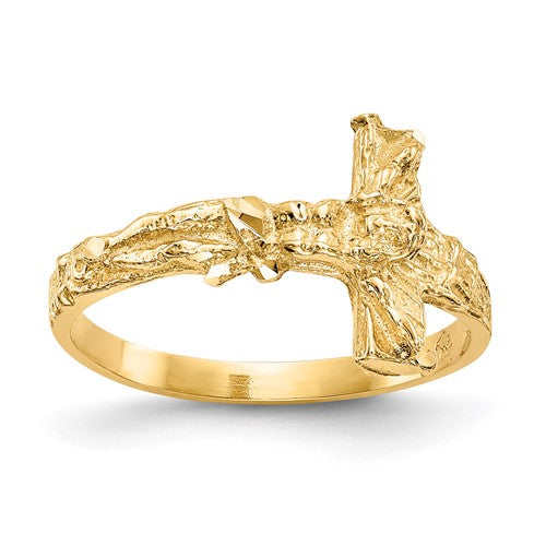 14K gold diamond-cut crucifix ring with detailed design, jewelry ring from Solomon Jewelers showcasing intricate craftsmanship.