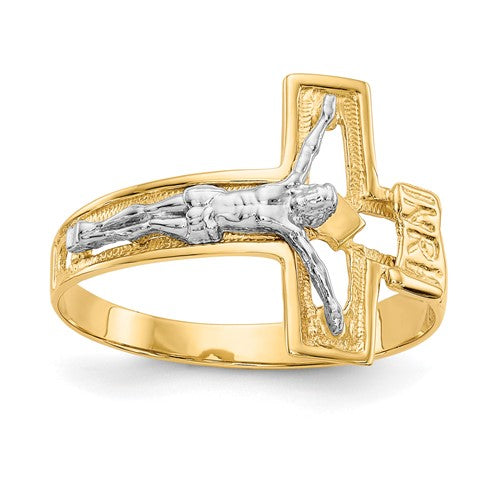 14K two-tone crucifix men's ring with detailed cross design, crafted in gold, from Solomon Jewelers.