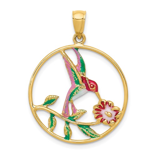 14k-enameled-hummingbird-and-flower-in-circle-pendant-SolomonJeweler-Wichita-KS-CustomJewelry