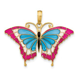 14K gold butterfly pendant with blue and red enamel, Solomon Jewelers charm featuring detailed wing design.