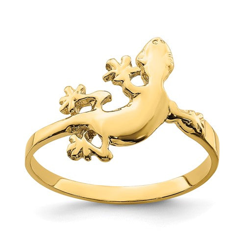14K gold lizard ring featuring intricate design, crafted by Solomon Jewelers, shown on a neutral background.