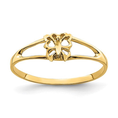 14K gold mini butterfly ring with delicate design, crafted by Solomon Jewelers, featuring a small, elegant butterfly motif.