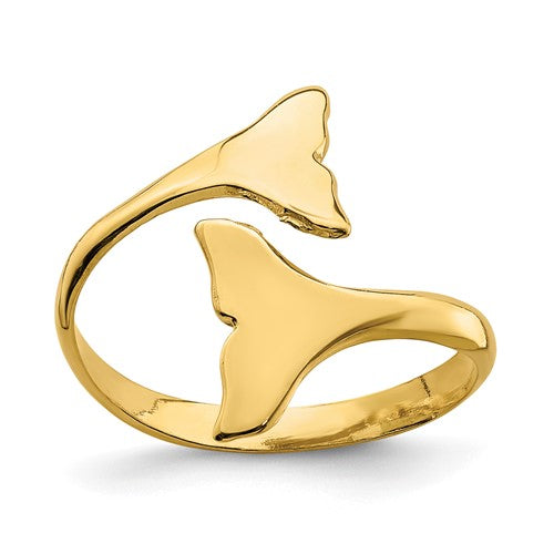 14K gold double whale tails ring from Solomon Jewelers, showcasing intricate design and polished finish.