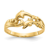 14K gold double dolphins with waves ring featuring detailed dolphin and wave designs, crafted by Solomon Jewelers.