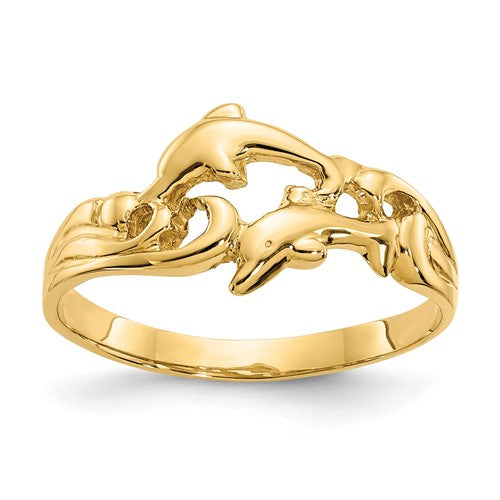14K gold double dolphins with waves ring featuring detailed dolphin and wave designs, crafted by Solomon Jewelers.