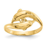 14K gold double dolphins ring featuring two dolphin figures intertwined, crafted by Solomon Jewelers.