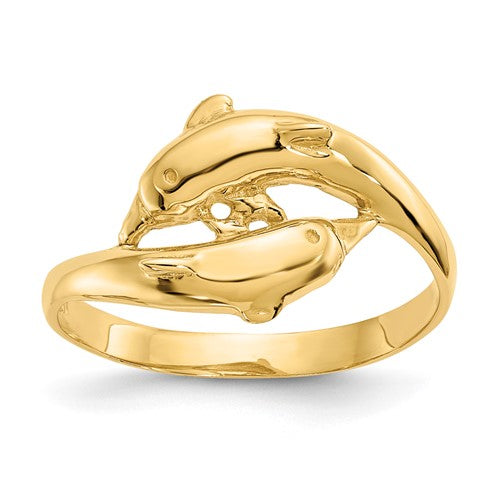 14K gold double dolphins ring featuring two dolphin figures intertwined, crafted by Solomon Jewelers.