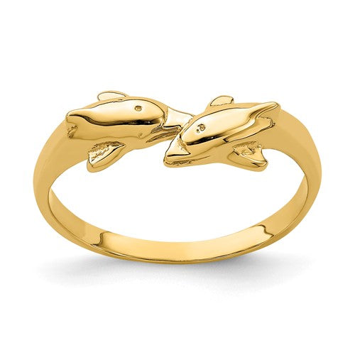 14K gold dolphin kissing dolphin ring from Solomon Jewelers, featuring a detailed and elegant jewelry ring design.