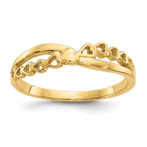 14K gold polished criss-cross pattern hearts ring, elegant jewelry piece with heart-shaped design and intricate detailing.