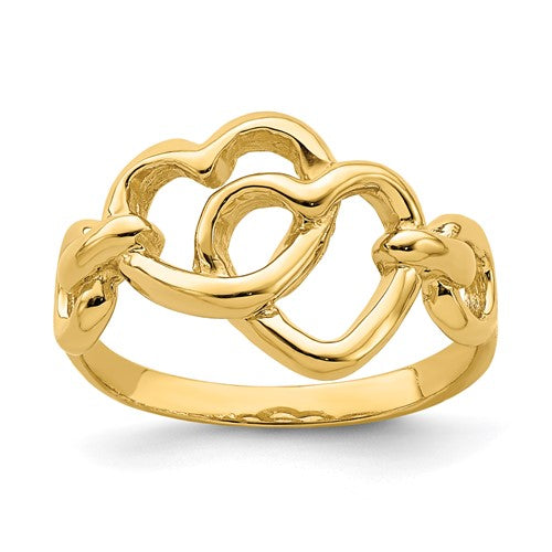 14K gold double cut-out heart ring featuring intricate design, jewelry ring from Solomon Jewelers, shown on a white background.