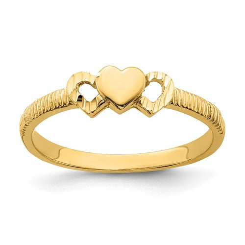 14K solid gold heart-shaped ring with diamond-cut hearts, jewelry ring by Solomon Jewelers.