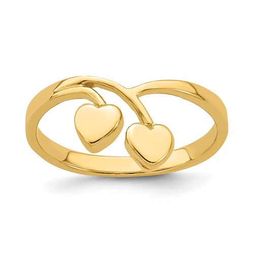 14K gold double heart drop V ring from Solomon Jewelers, featuring elegant heart-shaped design and sleek band.