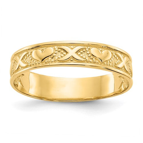 14K polished X and hearts ring from Solomon Jewelers, featuring a sleek gold band with heart and X-shaped design.