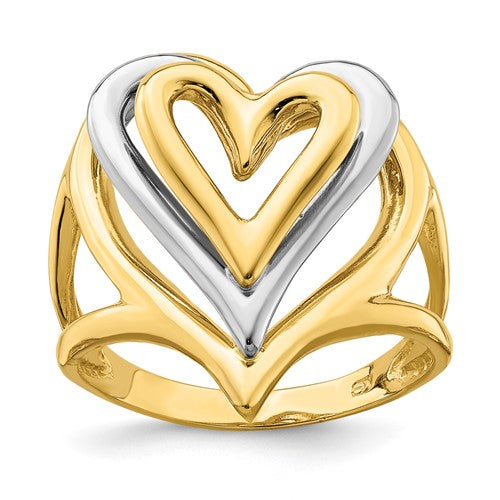 14K two-tone triple-stacked heart ring from Solomon Jewelers, showcasing layered heart-shaped design in gold and silver tones.
