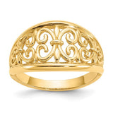 14K gold Fleur-De-Lis tapered ring, elegant jewelry with intricate design, crafted by Solomon Jewelers.