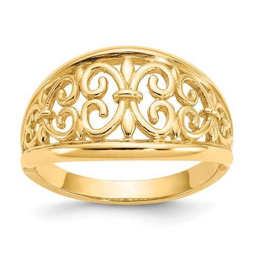 14K gold Fleur-De-Lis tapered ring, elegant jewelry with intricate design, crafted by Solomon Jewelers.
