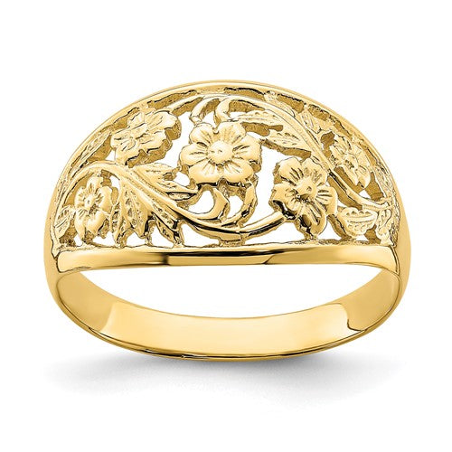 14K gold floral dome ring from Solomon Jewelers, featuring intricate floral design and smooth polished finish.