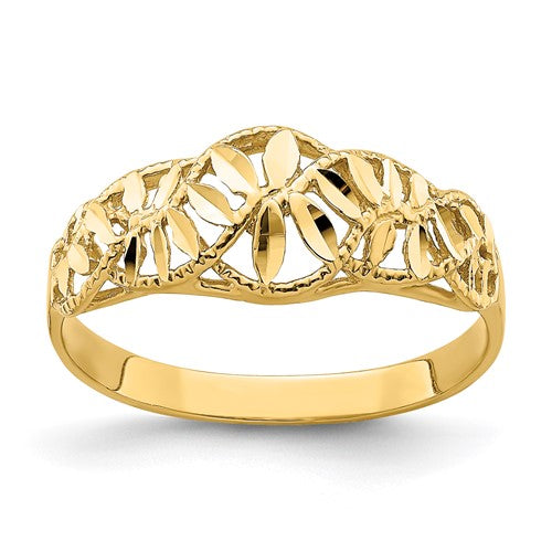 14K gold diamond-cut vine and leaf design dome ring with cut-out details, jewelry ring featuring intricate craftsmanship.