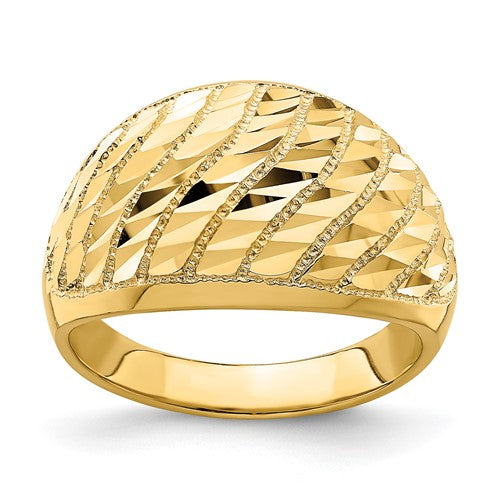 14K diamond-cut lattice pattern dome ring with intricate design, crafted by Solomon Jewelers, showcasing fine jewelry craftsmanship.