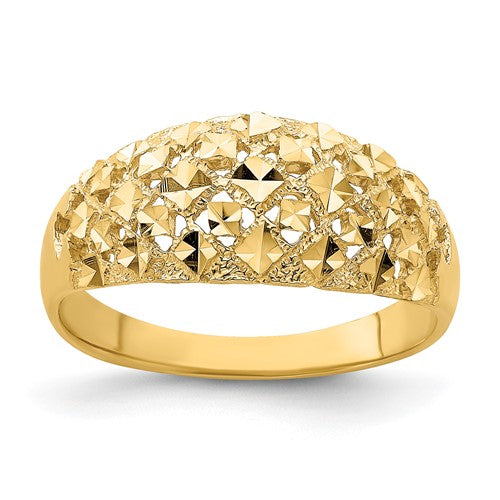 14K gold diamond-cut mini diamond pattern dome ring, detailed jewelry ring with intricate design from Solomon Jewelers.