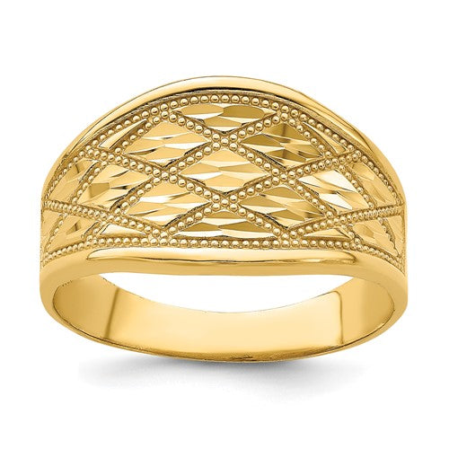 14K diamond-cut quilted pattern ring from Solomon Jewelers, showcasing intricate design and shiny gold finish.