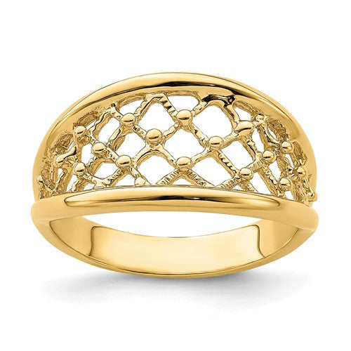 14K gold mesh tapered band ring showing a sleek, textured design with a smooth, rounded shape from Solomon Jewelers.