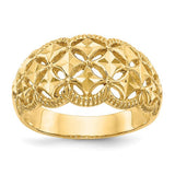 14K gold diamond-cut scalloped edge dome ring with intricate pattern, crafted by Solomon Jewelers.
