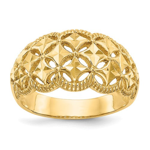 14K gold diamond-cut scalloped edge dome ring with intricate pattern, crafted by Solomon Jewelers.
