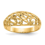 14K gold Paisley diamond-cut dome ring with intricate design, jewelry ring by Solomon Jewelers, shown from top angle.