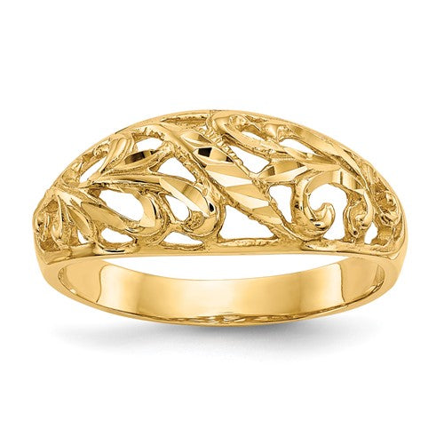 14K gold Paisley diamond-cut dome ring with intricate design, jewelry ring by Solomon Jewelers, shown from top angle.
