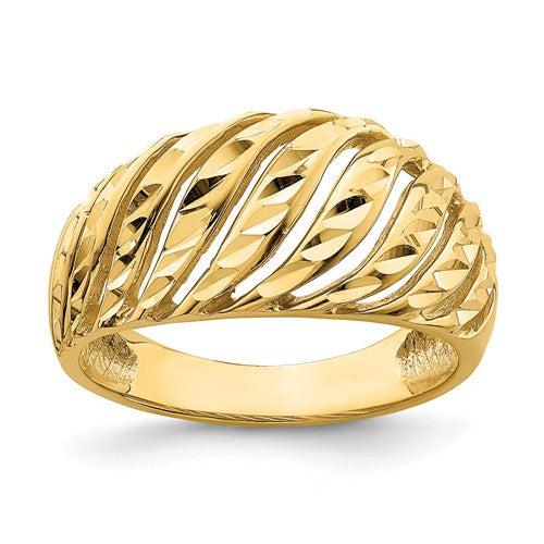 14K gold open slash diamond-cut dome ring with intricate design, crafted by Solomon Jewelers.