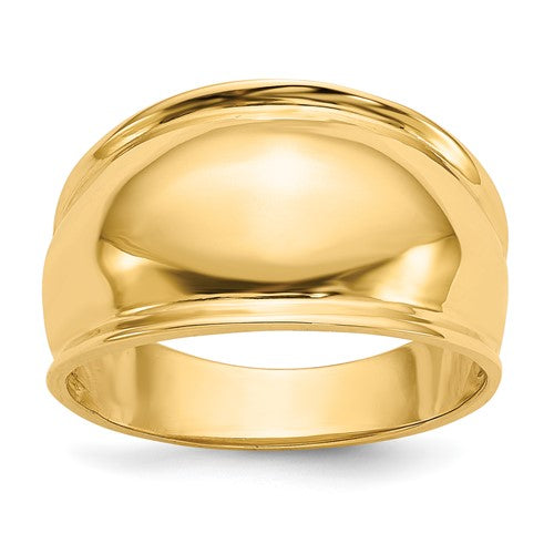 14K gold ridge-edged dome ring from Solomon Jewelers, showcasing its smooth, polished finish and unique rounded design.