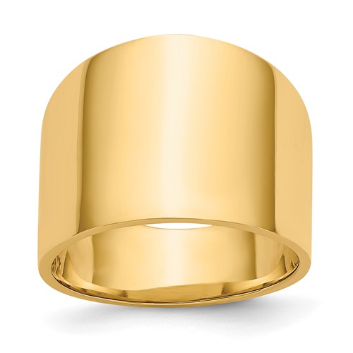 14K gold tapered cigar band ring with flat-top design, jewelry ring from Solomon Jewelers, shown in close-up.