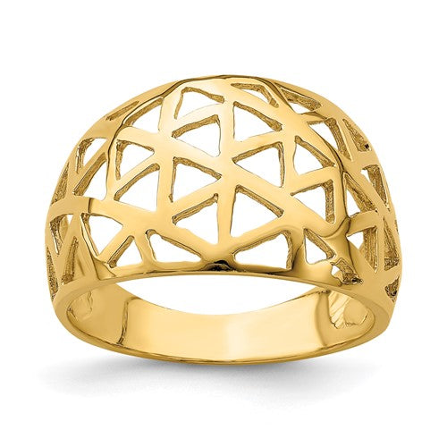 14K gold triangle cut-out pattern dome ring, Solomon Jewelers jewelry, showcasing intricate design and polished finish.